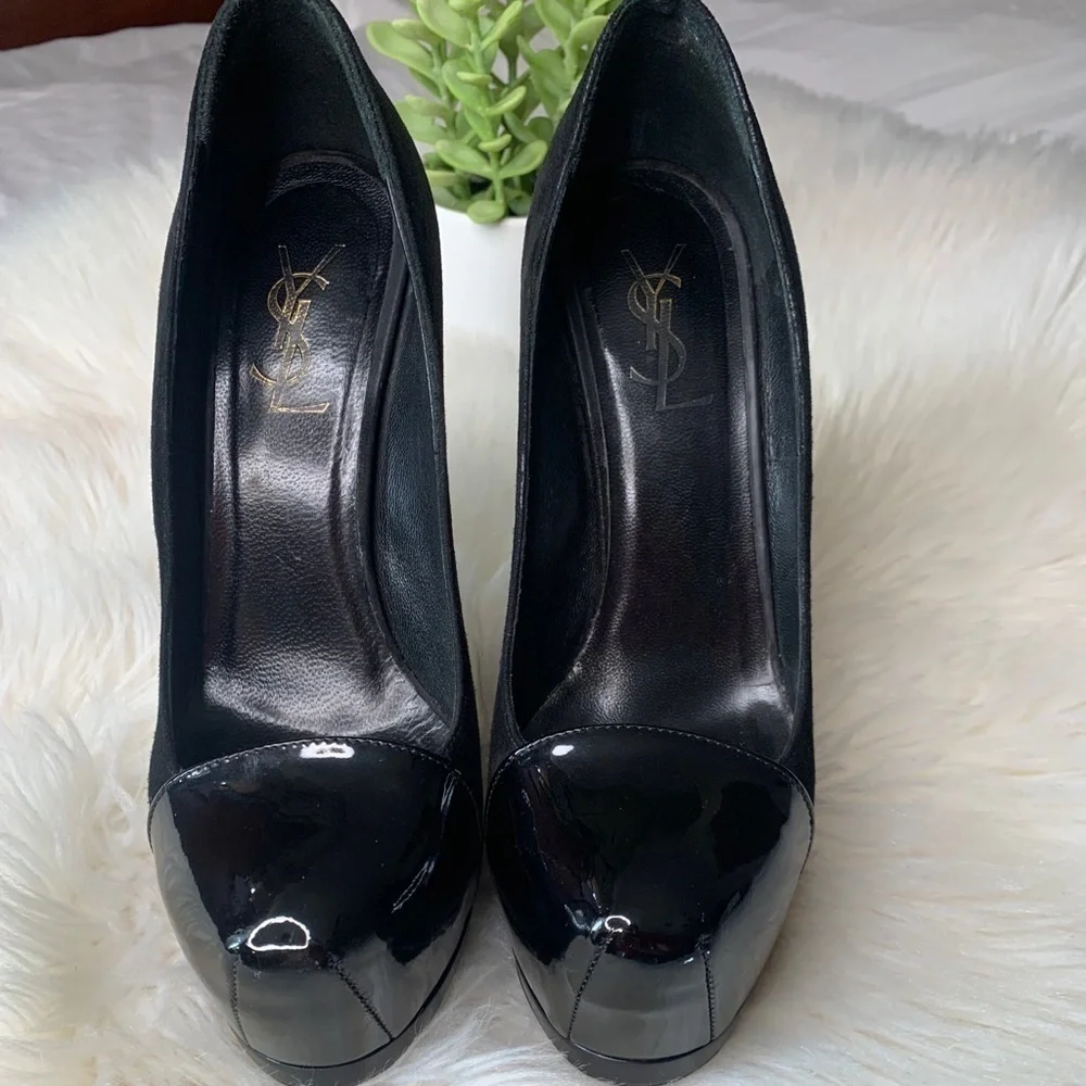 YSL 105 Cap Pump Black Suede/Patent